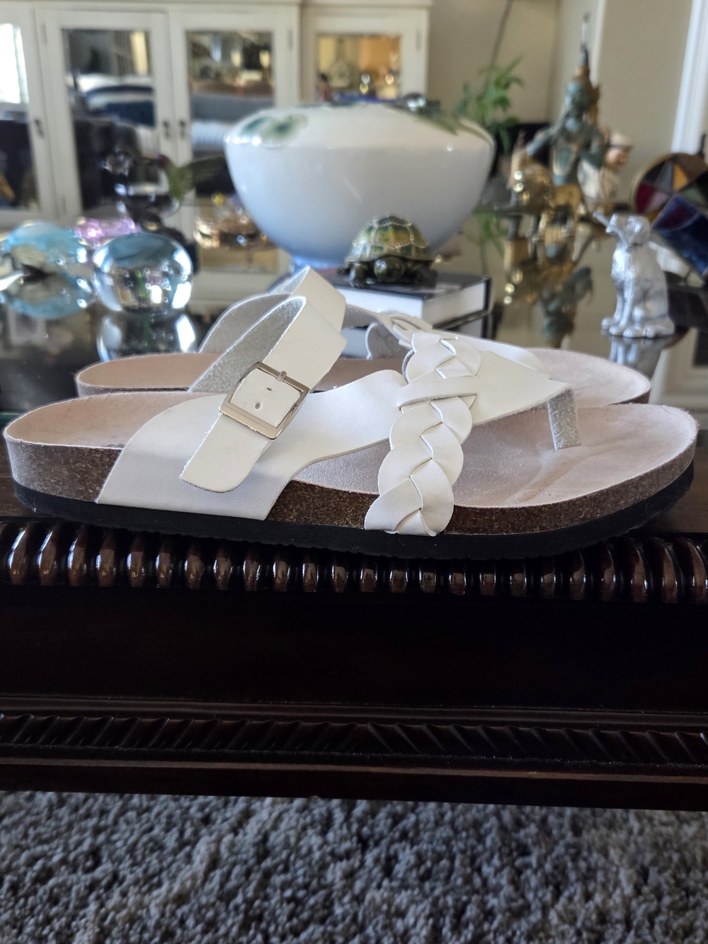 Cliffs by WHITE MOUNTAIN White Braided Thong Leather  Sandals with Buckle